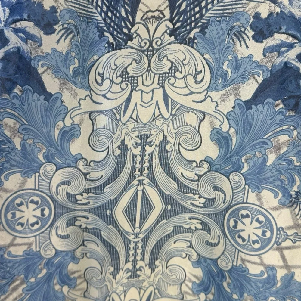 Johnny Was Bohemian Art to Wear Currency Print Silk Tunic Top Size Medium - Picture 9 of 17